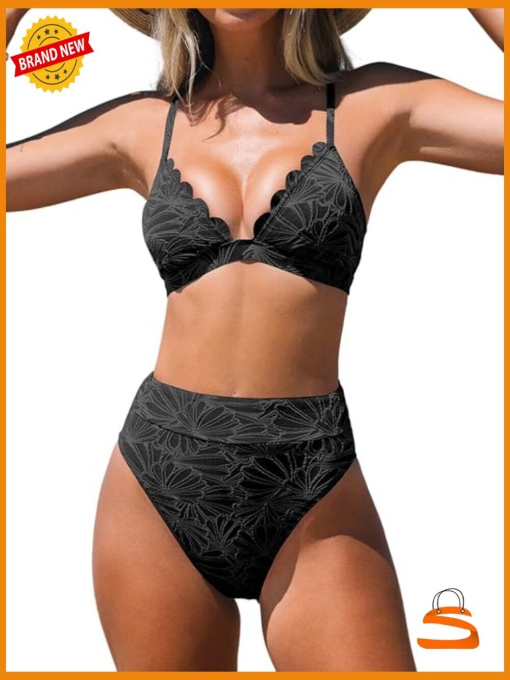 High Waisted Scalloped V Neck Bikini Set Two Piece Swimsuit